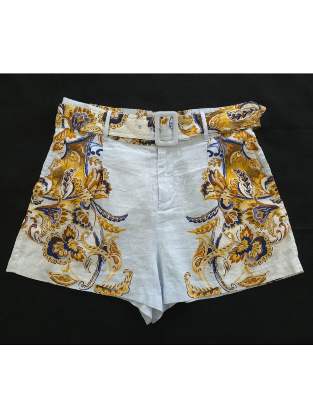JOIE 100% Linen High-Waisted Lt Blue & Yellow Paisley Bohemian Belted Shorts L - Picture 1 of 7